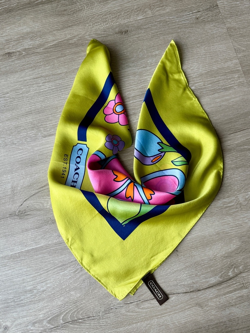 Vintage Coach Floral Silk 22"Scarf in Lime Green with Pink & Blue Accents